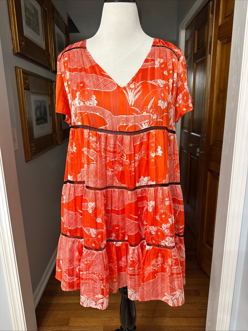 Urban‎ Outfitters Pippa Chiffon Tiered Mini Dress Bold Orange Floral Large